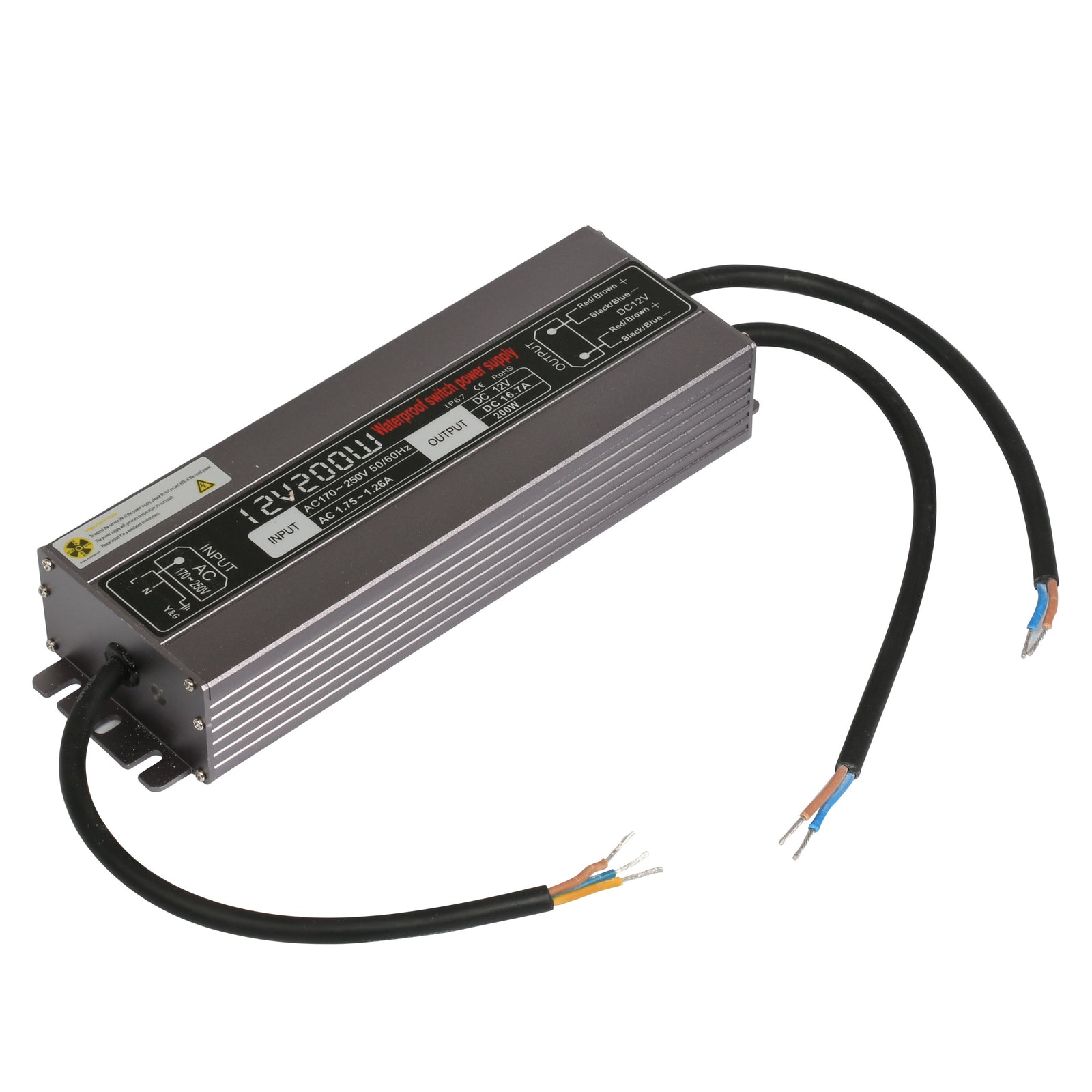 12V 200W LED Power Supply Waterproof IP67 100-130V AC or 170-260V AC output 12V 16.67A KNL