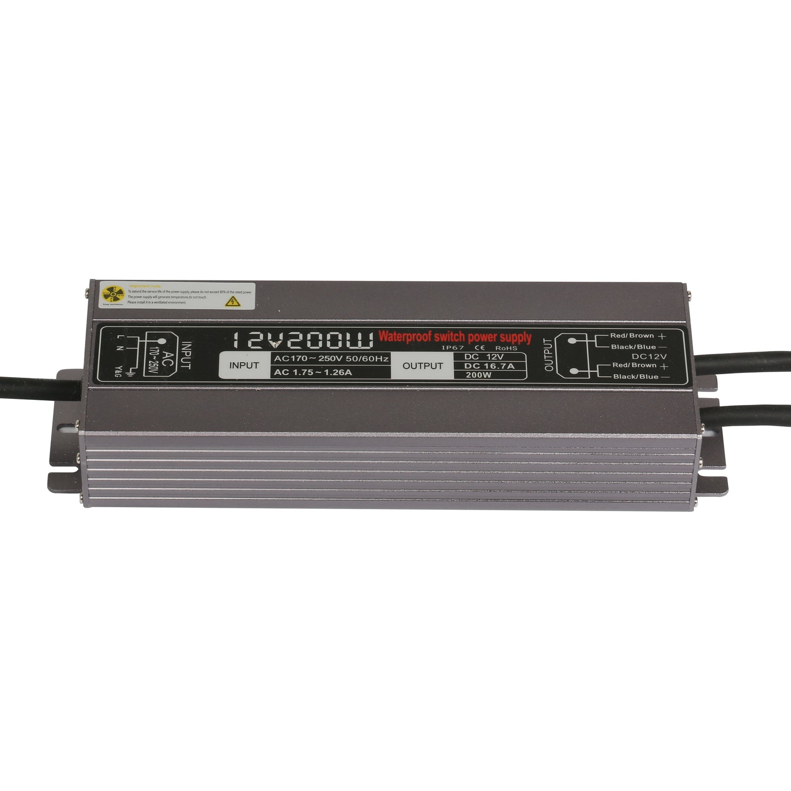 12V 200W LED Power Supply Waterproof IP67 100-130V AC or 170-260V AC output 12V 16.67A KNL