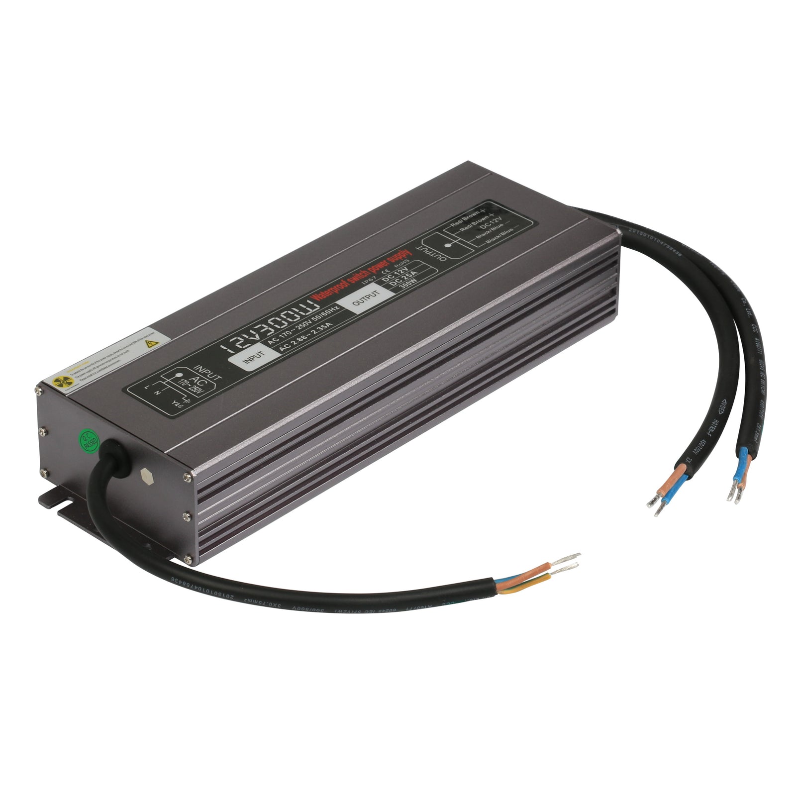 12V 300W LED Power Supply waterproof IP67 input 100-130V or 170-260V AC output 12V 25A KNL