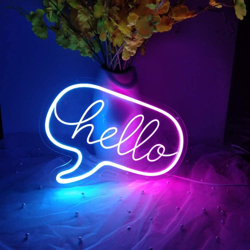 Flex-Neon.com Unique Hello Neon Sign with 3D Art,Powed by USB Neon Sign. Blue & Pink Neon Light Sign with Dimmable Switch. (Hello-M)