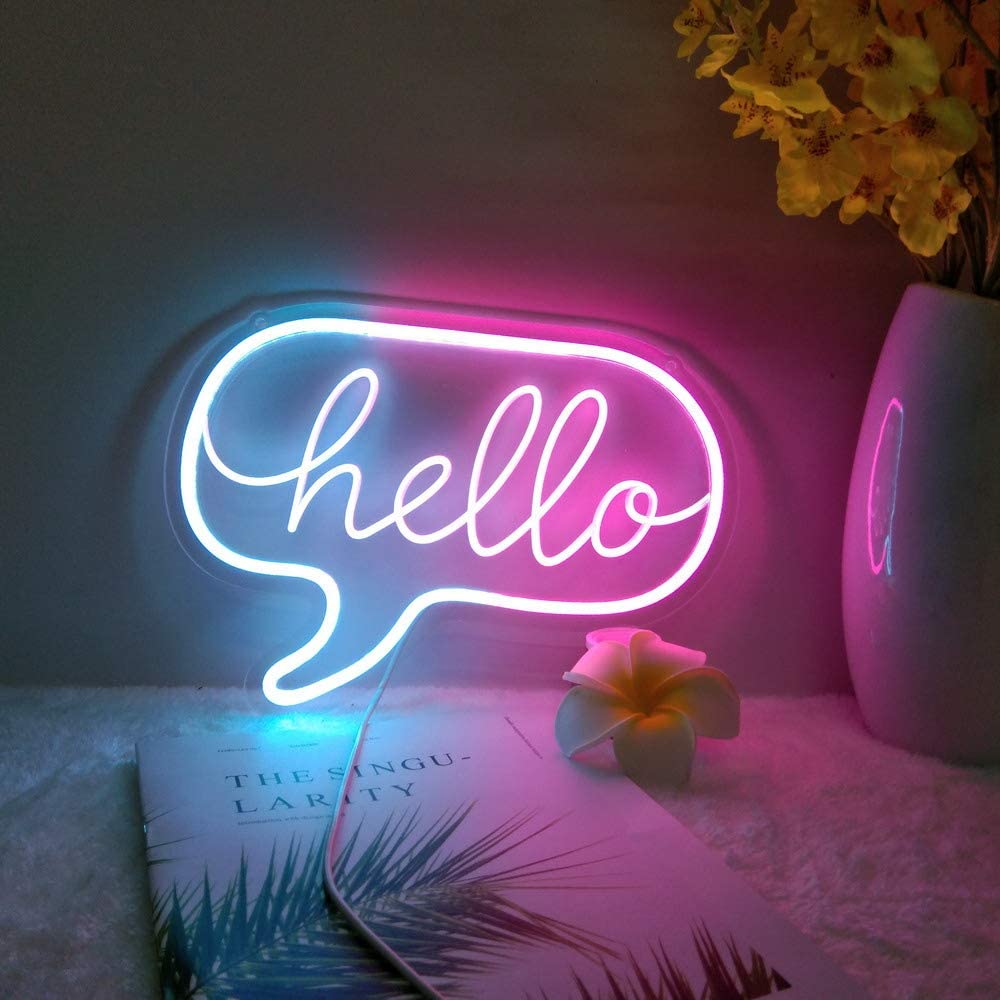 Flex-Neon.com Unique Hello Neon Sign with 3D Art,Powed by USB Neon Sign. Blue & Pink Neon Light Sign with Dimmable Switch. (Hello-M)