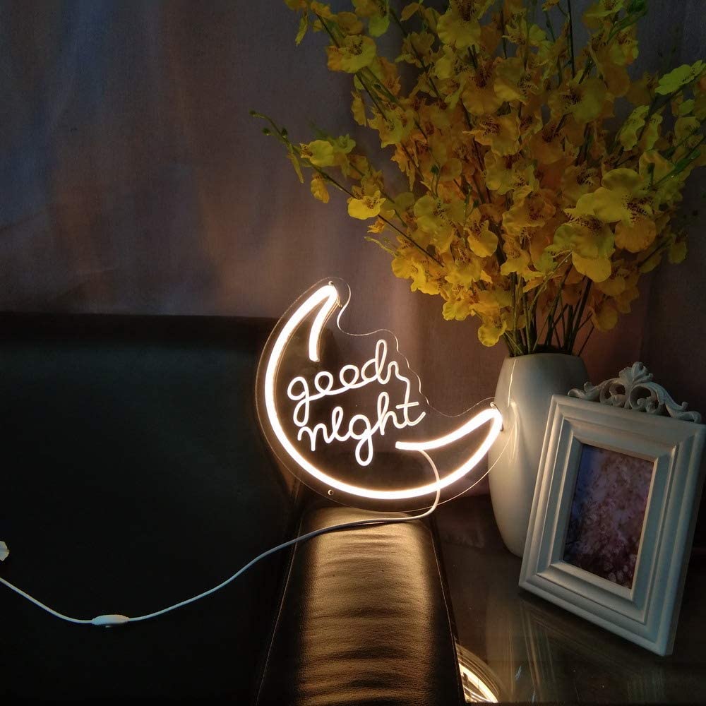 Flex-Neon.com Good Night Neon Sign with 3D Art,Powed by USB Neon Sign. Moon Neon Sign with Dimmable Switch (moon-good nignt)