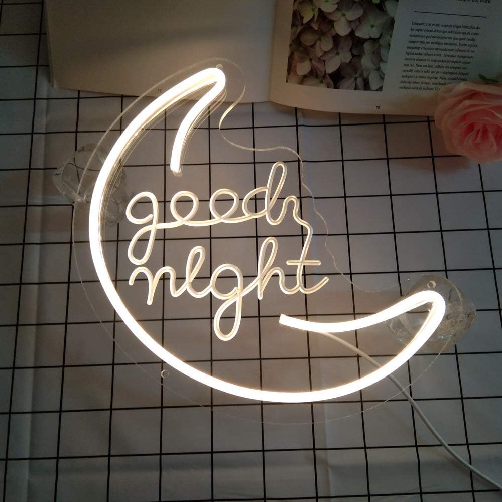 Flex-Neon.com Good Night Neon Sign with 3D Art,Powed by USB Neon Sign. Moon Neon Sign with Dimmable Switch (moon-good nignt)