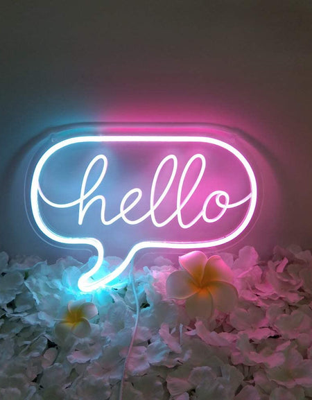 Flex-Neon.com Unique Hello Neon Sign with 3D Art,Powed by USB Neon Sign. Blue & Pink Neon Light Sign with Dimmable Switch. (Hello-M)