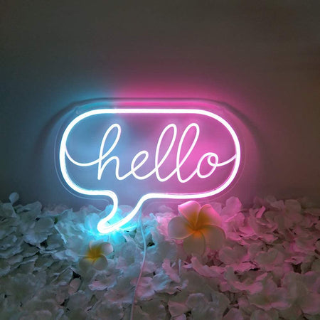 Flex-Neon.com Unique Hello Neon Sign with 3D Art,Powed by USB Neon Sign. Blue & Pink Neon Light Sign with Dimmable Switch. (Hello-M)