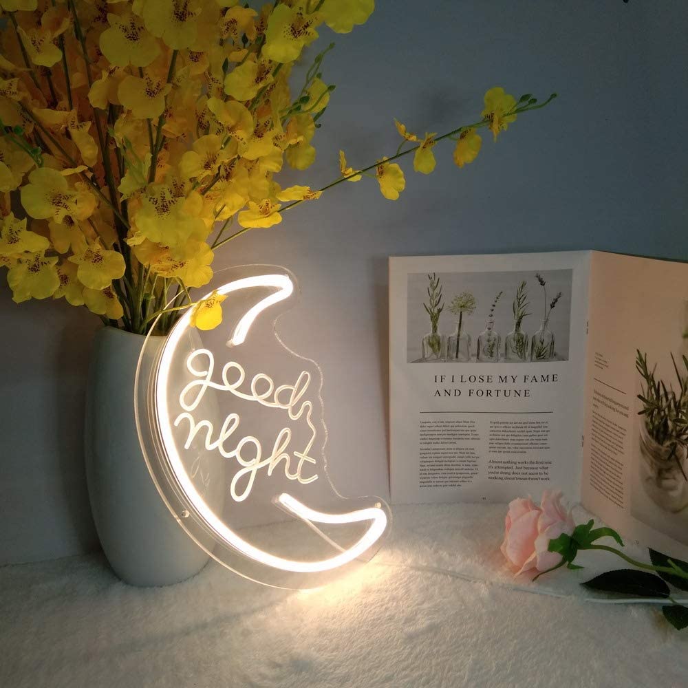 Flex-Neon.com Good Night Neon Sign with 3D Art,Powed by USB Neon Sign. Moon Neon Sign with Dimmable Switch (moon-good nignt)