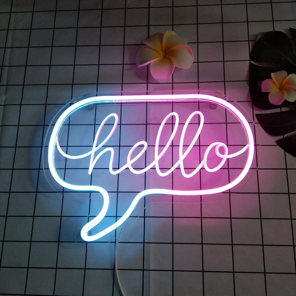 Flex-Neon.com Unique Hello Neon Sign with 3D Art,Powed by USB Neon Sign. Blue & Pink Neon Light Sign with Dimmable Switch. (Hello-M)