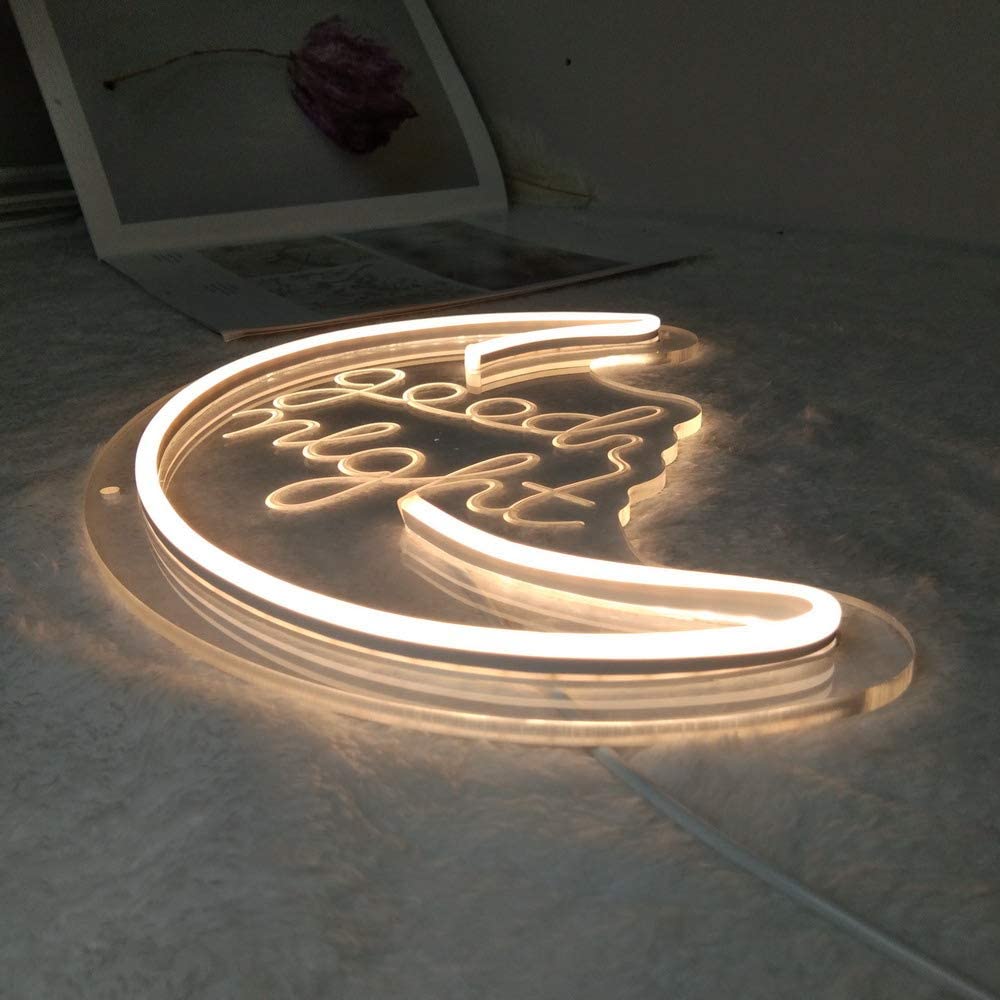 Flex-Neon.com Good Night Neon Sign with 3D Art,Powed by USB Neon Sign. Moon Neon Sign with Dimmable Switch (moon-good nignt)