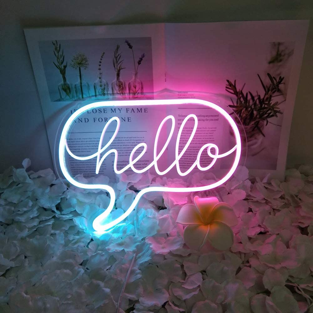 Flex-Neon.com Unique Hello Neon Sign with 3D Art,Powed by USB Neon Sign. Blue & Pink Neon Light Sign with Dimmable Switch. (Hello-M)