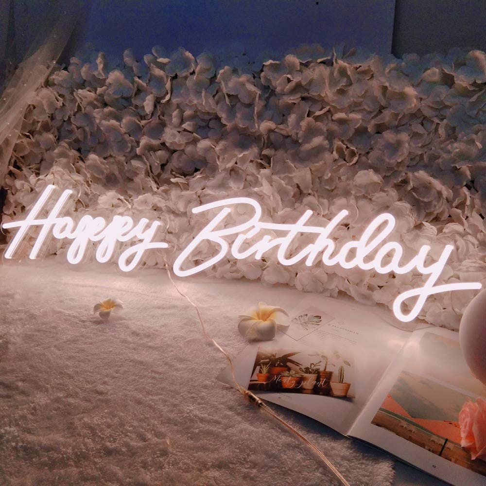 Happy Birthday Neon Sign for Any Age, your kids 1st Birthday, Party in the Home, Hotel, restaurant, 2 separate words. Size-Happy16.5 by 8inches, Birthday 23 X8inches (Power Adapter included)