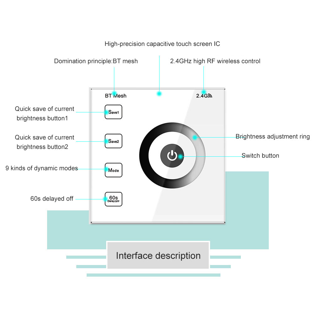 DC12-24V 2.4GHz RF Wall Mounted Single Color BT Mesh Touch Panel Remote Controller For Single Color Strip Light