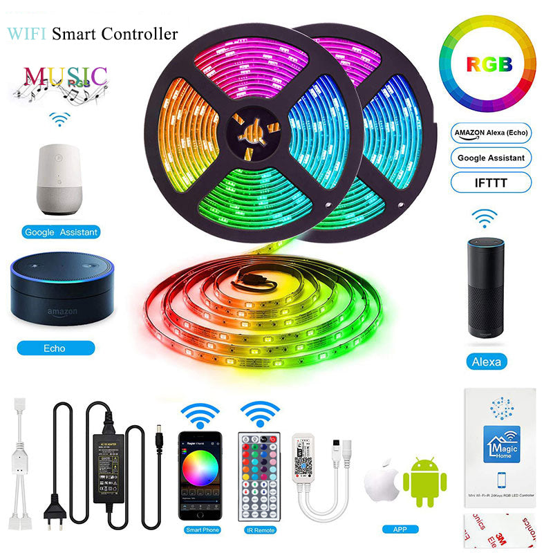 WIFI SMD5050 RGB LED Strip Google Assistant Amazon Alexa Smart WIFI RGB Strip Light Kit With 44Keys remote controller indoor IP20 waterproof IP65