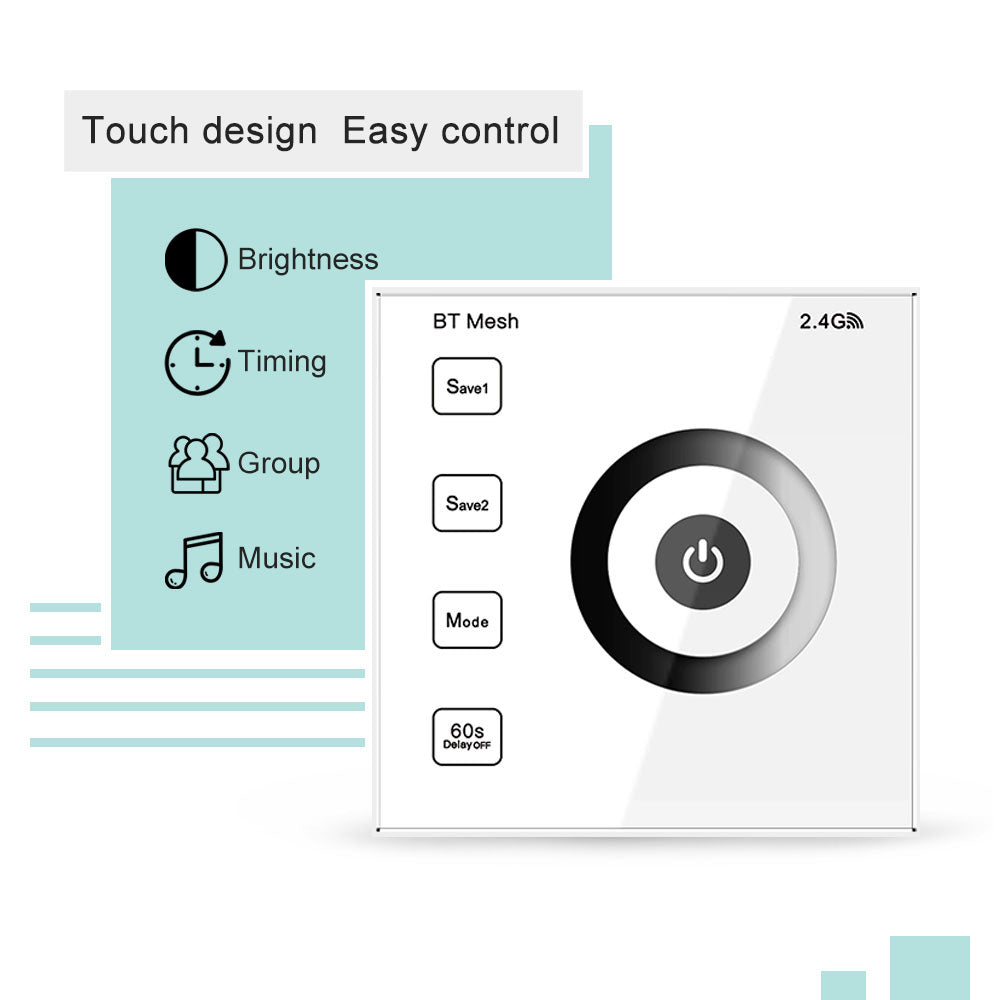 DC12-24V 2.4GHz RF Wall Mounted Single Color BT Mesh Touch Panel Remote Controller For Single Color Strip Light