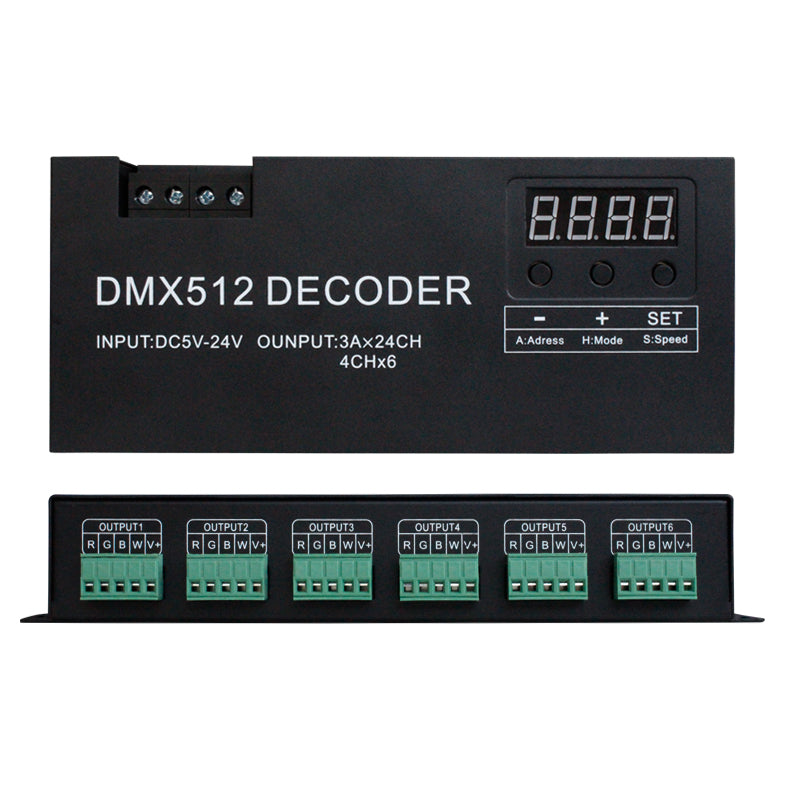 12V 24V stage light control 6 grouds 24 channels led controller rgbw DMX 512 decoder for rgbw led strips light